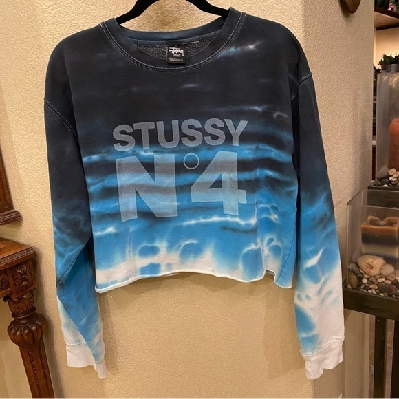 STUSSY N•4 Women Blue Tie Dye Cropped Cut Off Sweater Size Large *Rare* - Picture 1 of 8